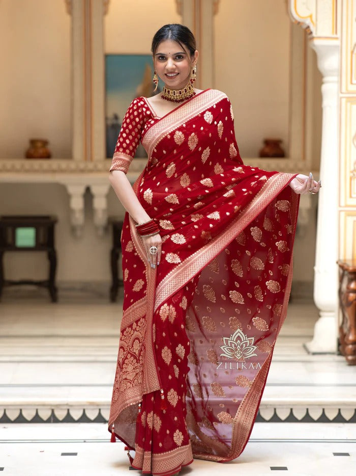 Prettiest Red Soft Silk Saree With Most Surreptitious Blouse Piece