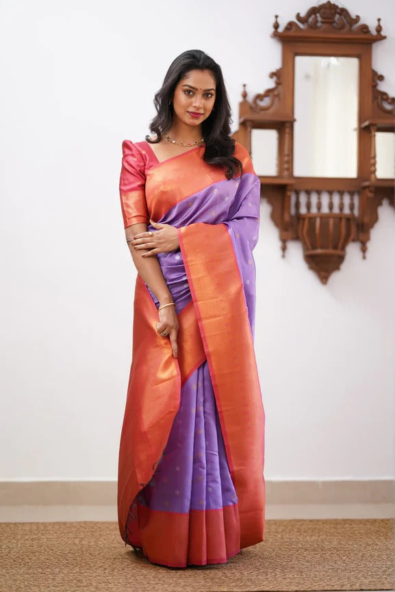 Beleaguer Lavender Soft Banarasi Silk Saree With Blouse Piece