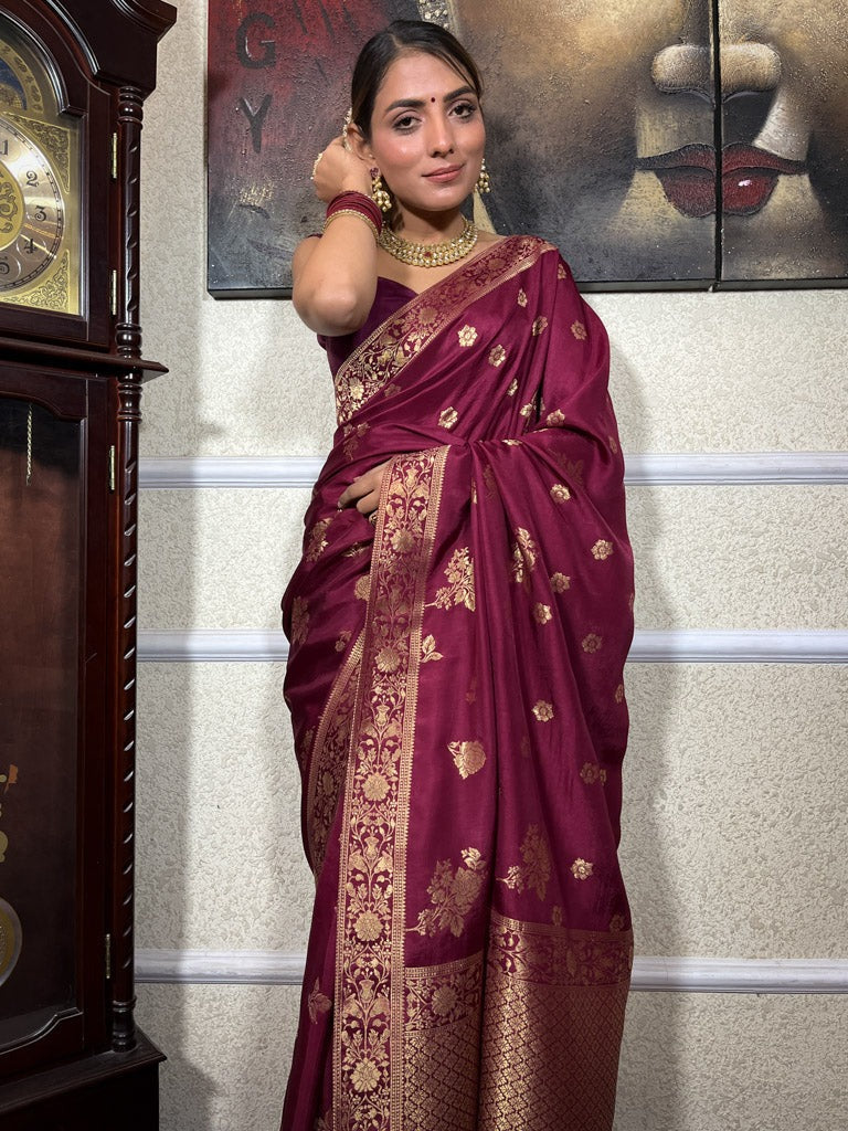 Gorgeous Wine Soft Silk Saree With Quintessential Blouse Piece