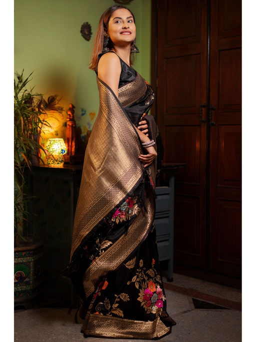 Demanding Black Soft Banarasi Silk Saree With Elaborate Blouse Piece