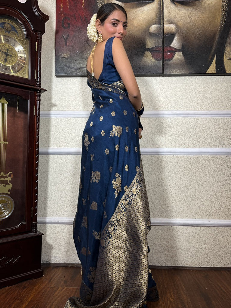 Classy Blue Soft Silk Saree With Demesne Blouse Piece