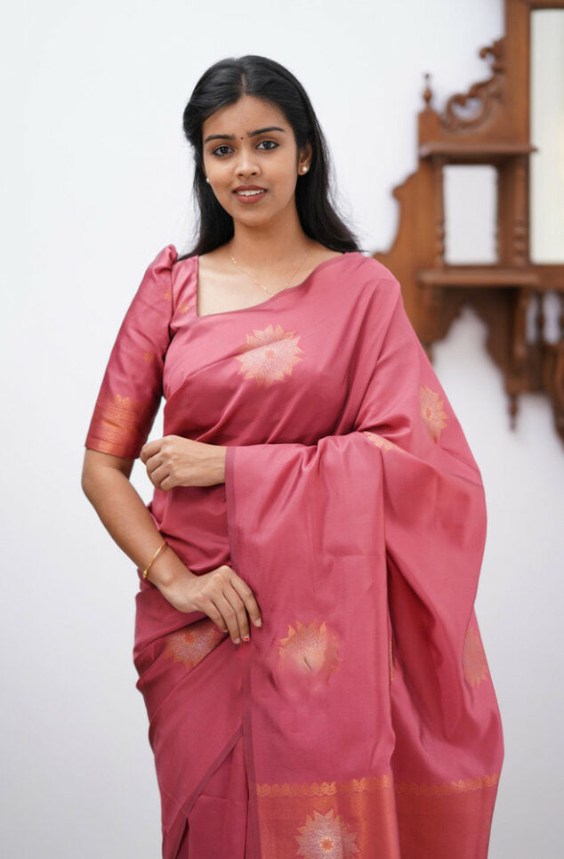 Incomparable Peach Soft Silk Saree With Mesmeric Blouse Piece