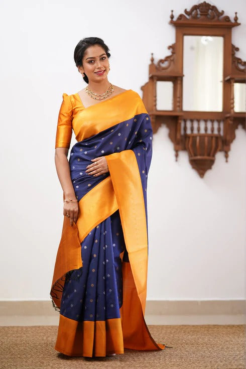 Beleaguer Blue Soft Banarasi Silk Saree With Blouse Piece