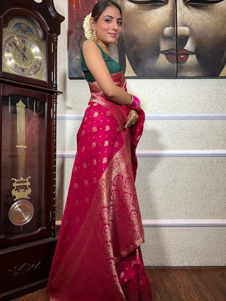 Pleasurable Pink Soft Silk Saree With Serendipity Blouse Piece