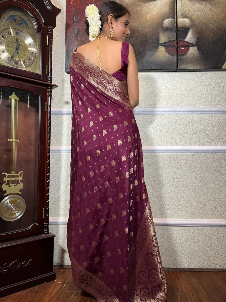 Demure Wine Soft Silk Saree With Elision Blouse Piece