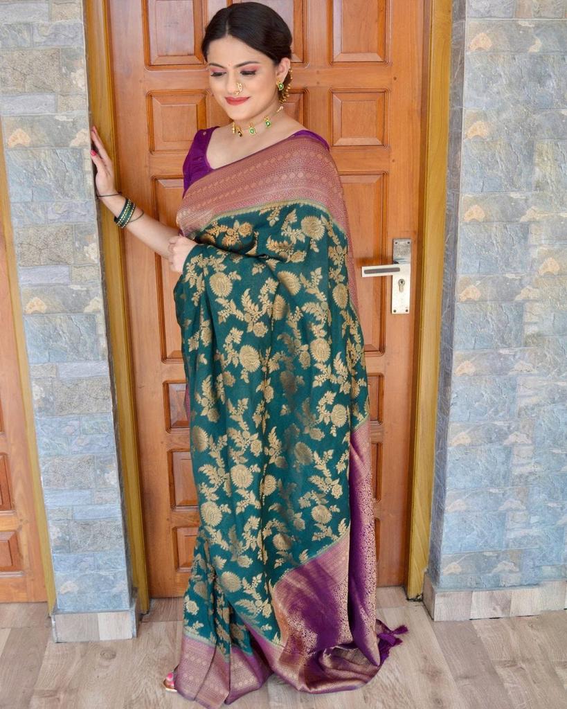 Sempiternal Green Soft Banarasi Silk Saree With Adorable Blouse Piece