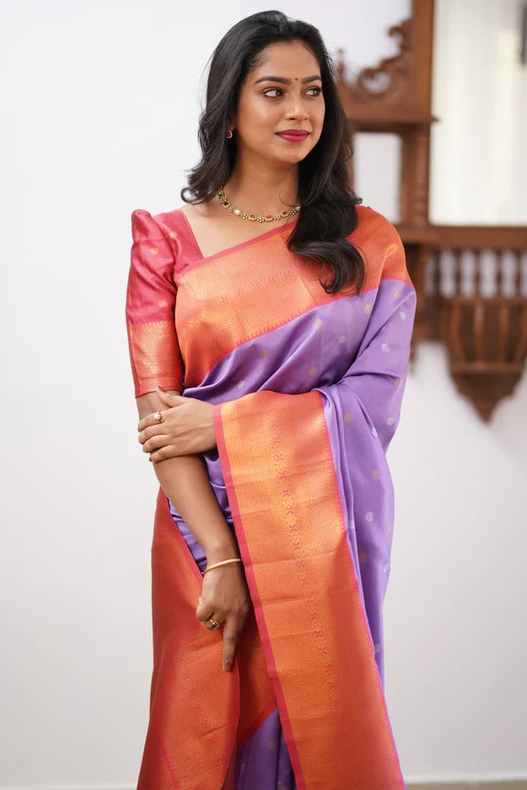 Beleaguer Lavender Soft Banarasi Silk Saree With Blouse Piece