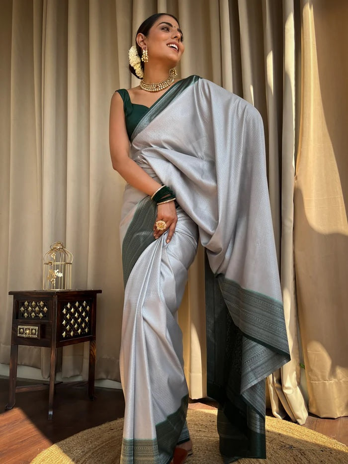 Unique Grey Soft Silk Saree With Bucolic Blouse Piece