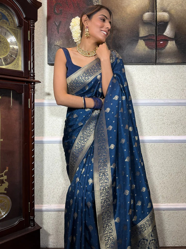 Twirling Blue Soft Silk Saree With Ailurophile Blouse Piece