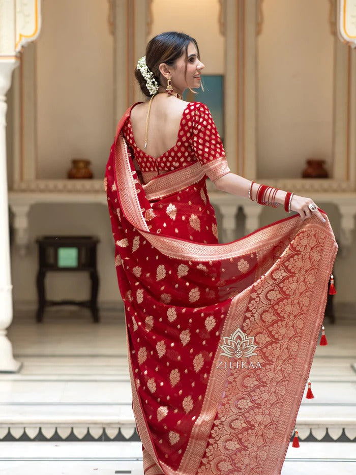 Prettiest Red Soft Silk Saree With Most Surreptitious Blouse Piece