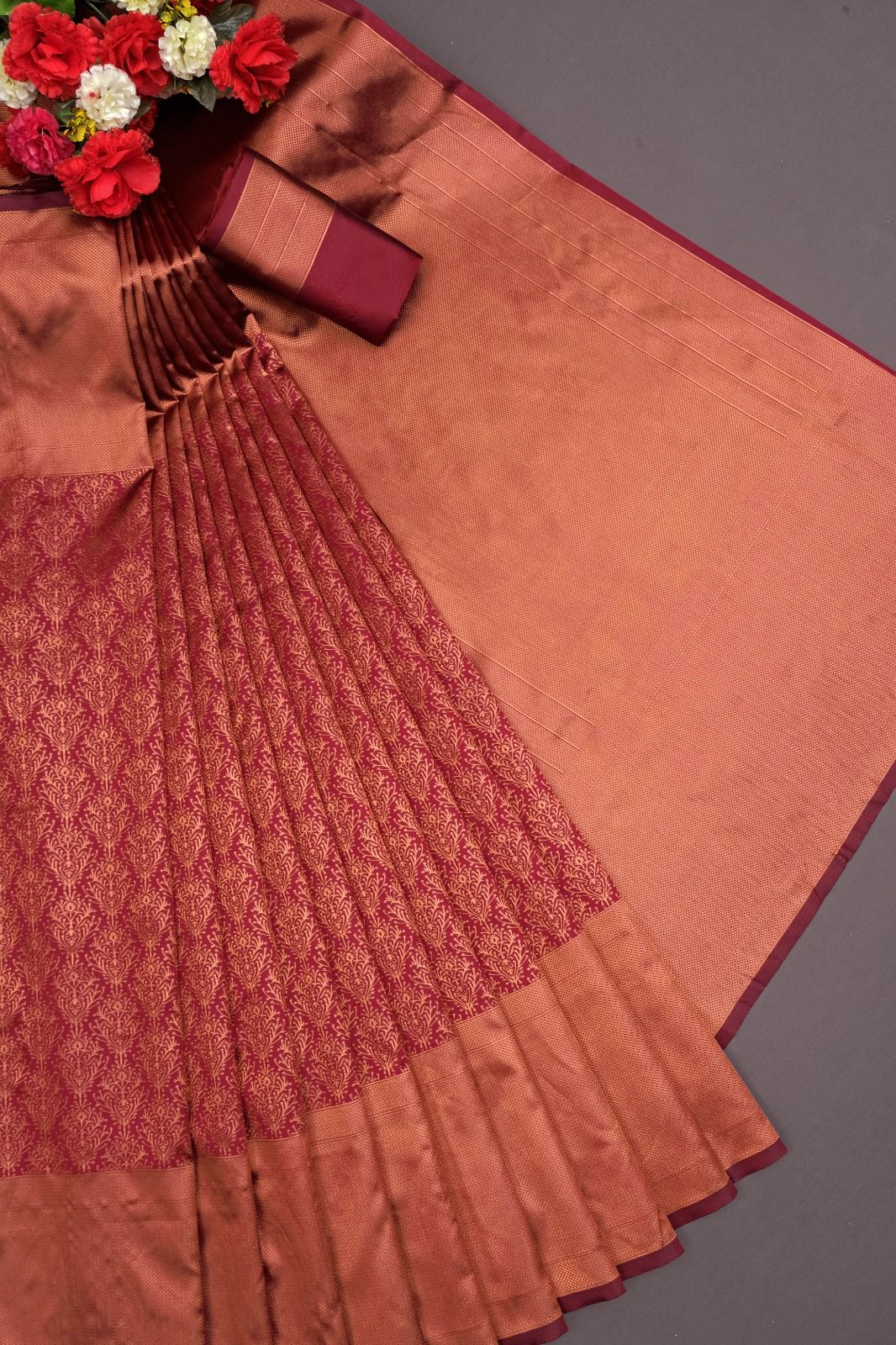 Gorgeous Maroon Soft Banarasi Silk Saree With Blouse Piece