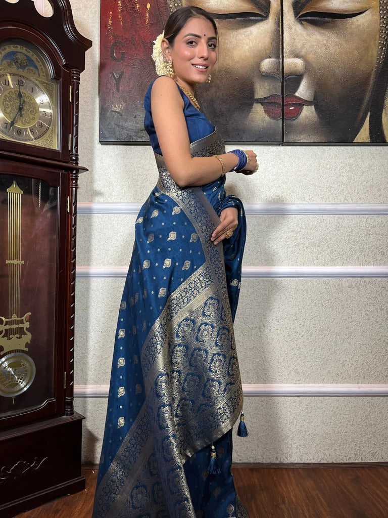 Twirling Blue Soft Silk Saree With Ailurophile Blouse Piece