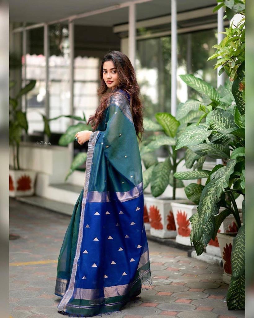 Beautiful Rama Color Soft Silk Saree With Blouse Piece