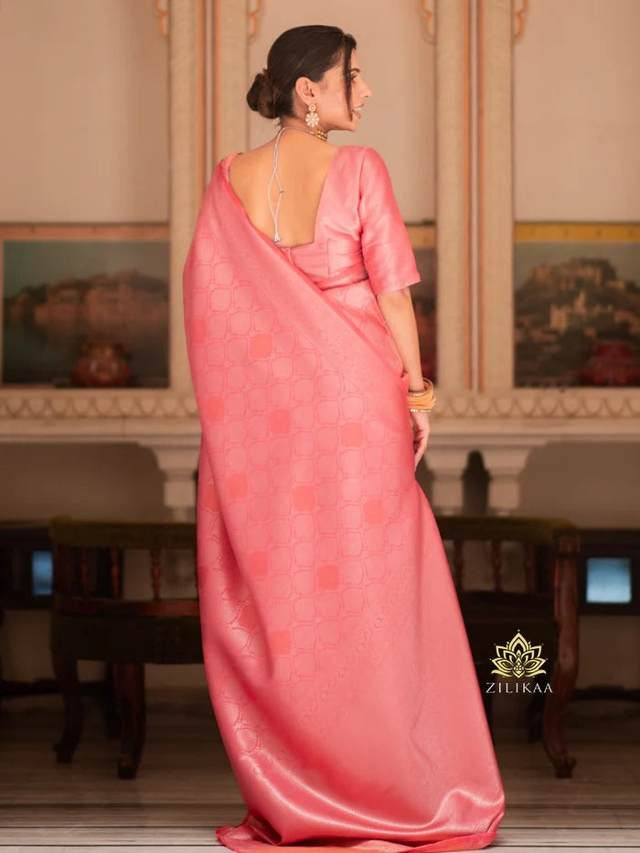 Engaging Pink Soft Silk Saree With Assemblage Blouse Piece