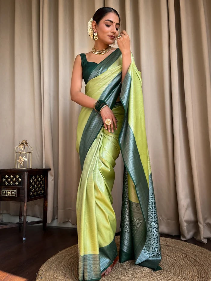 Confounding Pista Soft Silk Saree With Embrocation Blouse Piece