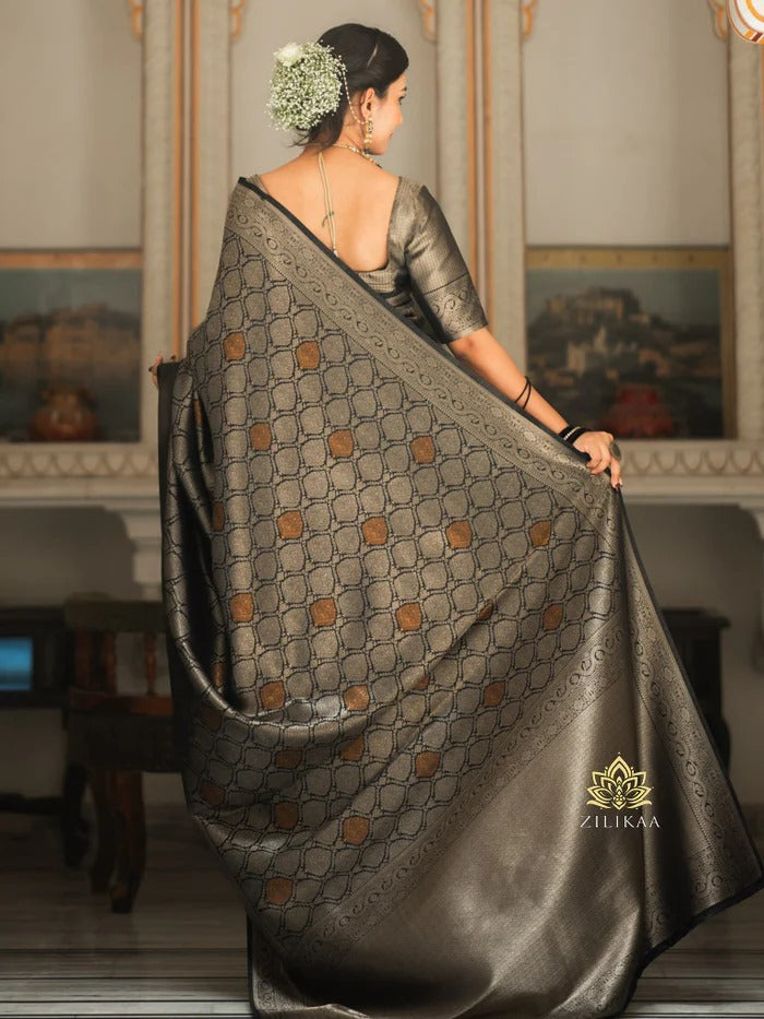 Angelic Black Soft Silk Saree With Exceptional Blouse Piece