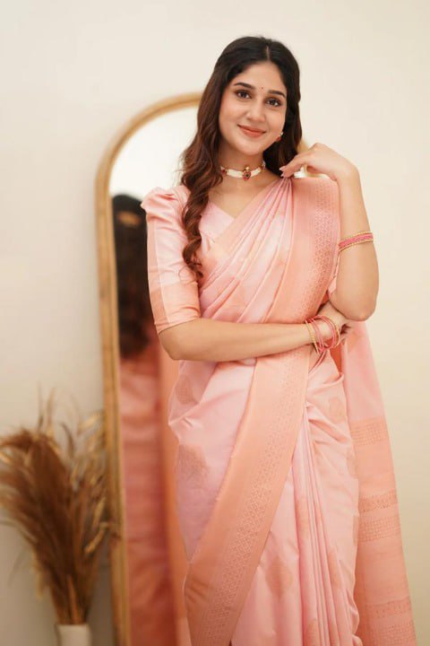 Capricious Baby Pink Soft Silk Saree With Dalliance Blouse Piece