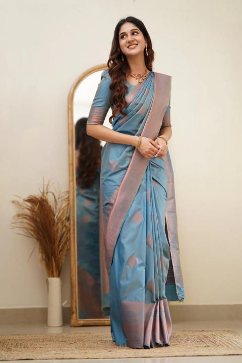 Beauteous Teal Blue Soft Silk Saree With Dalliance Blouse Piece