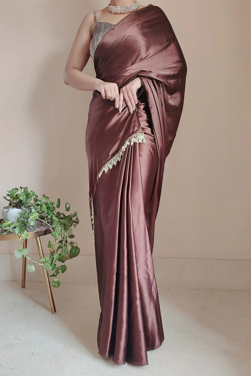 Glorious Brown 1 Minute Ready To Wear Satin Silk Saree With Handmade Tassels