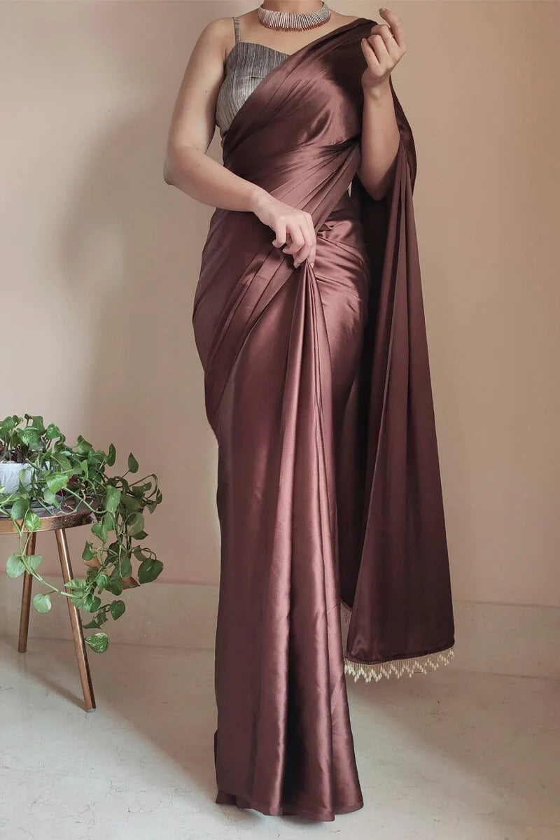 Glorious Brown 1 Minute Ready To Wear Satin Silk Saree With Handmade Tassels