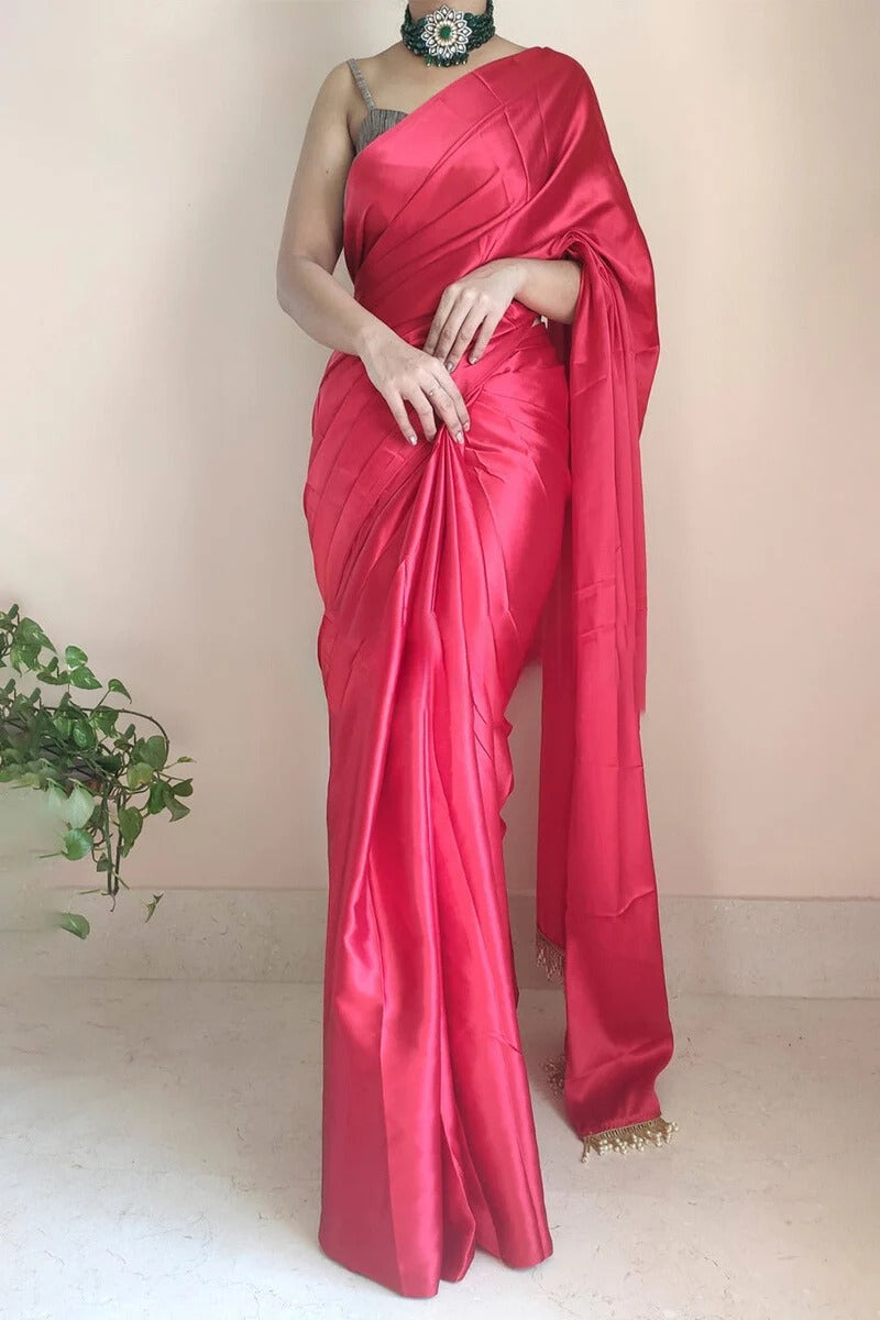 1 Minute Ready To Wear Dark Pink Satin Silk Saree With Handmade Tassels