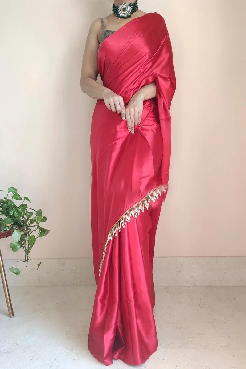 1 Minute Ready To Wear Dark Pink Satin Silk Saree With Handmade Tassels