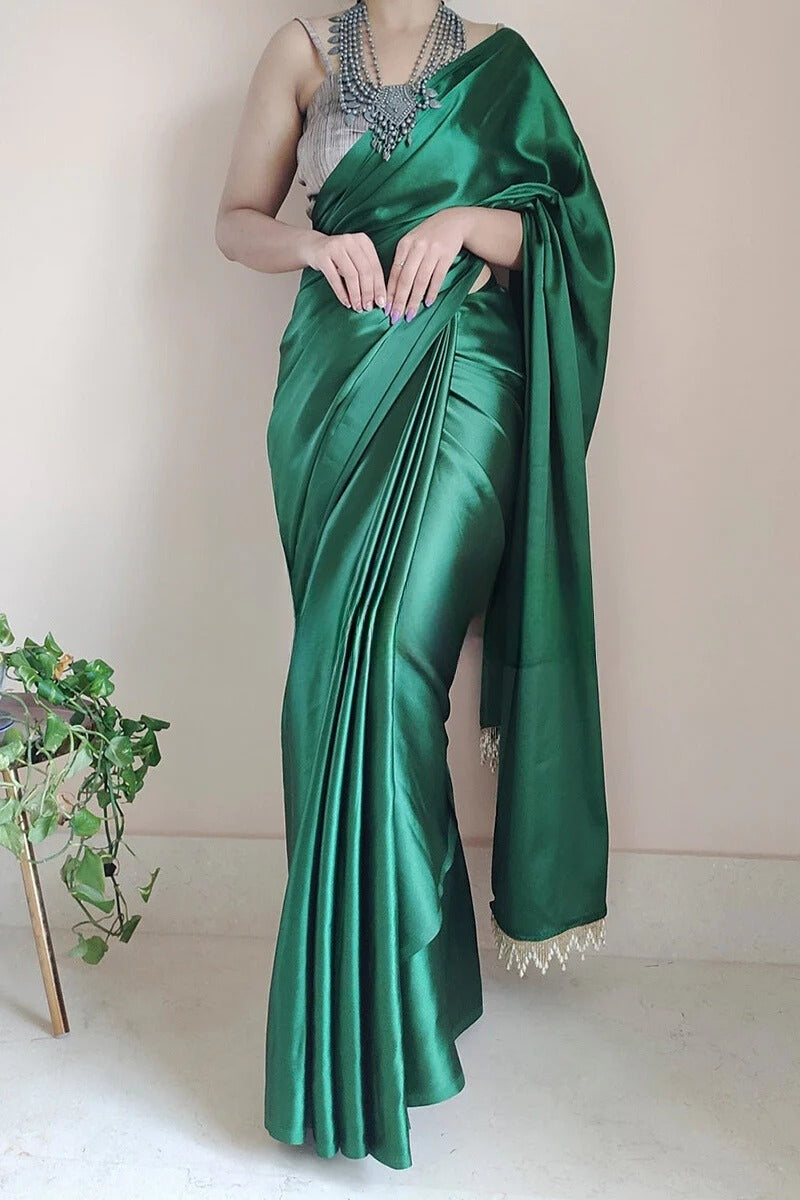 Classic Forest Green 1 Minute Ready To Wear Satin Silk Saree With Handmade Tassels
