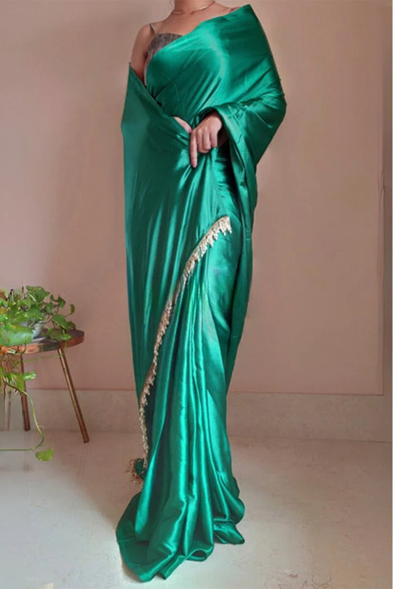Glowing Jade Green 1 Minute Ready To Wear Satin Silk Saree With Handmade Tassels