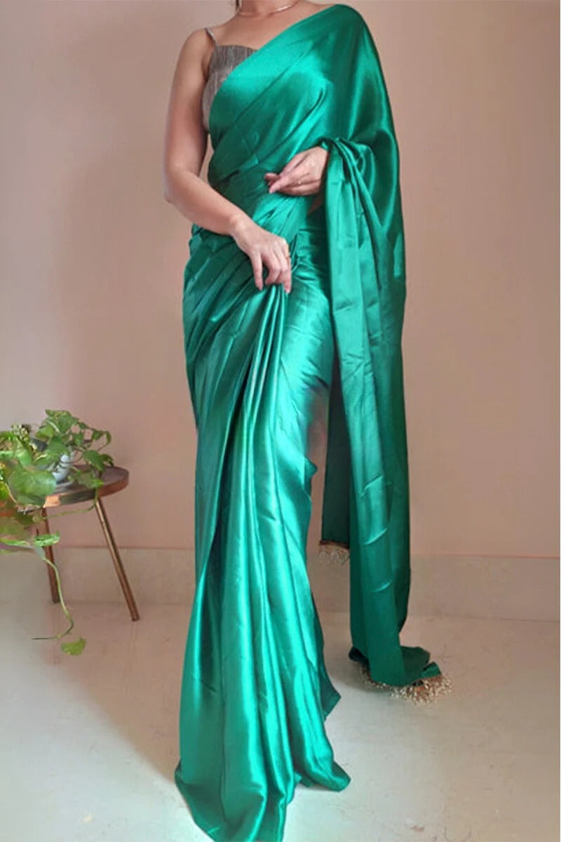 Glowing Jade Green 1 Minute Ready To Wear Satin Silk Saree With Handmade Tassels