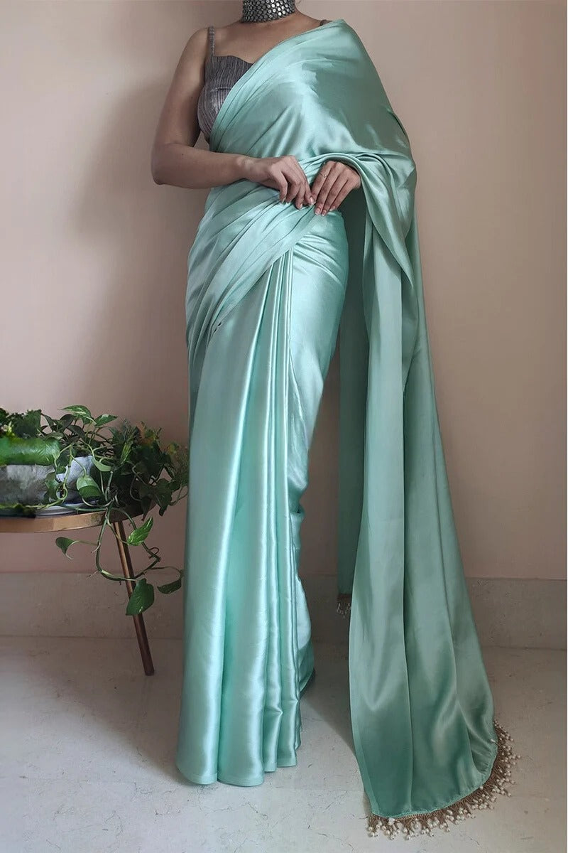 Jazzy Mint Green 1 Minute Ready To Wear Satin Silk Saree With Handmade Tassels