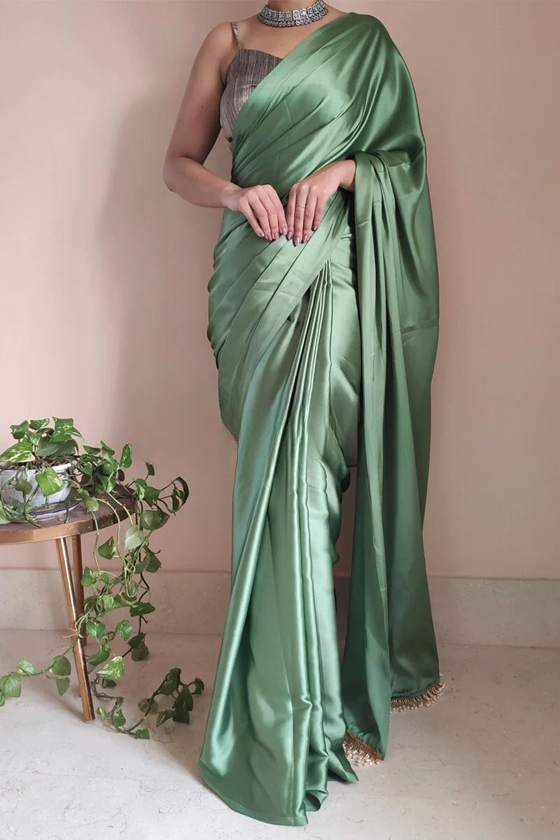 Luxuriant Moss Green 1 Minute Ready To Wear Satin Silk Saree With Handmade Tassels
