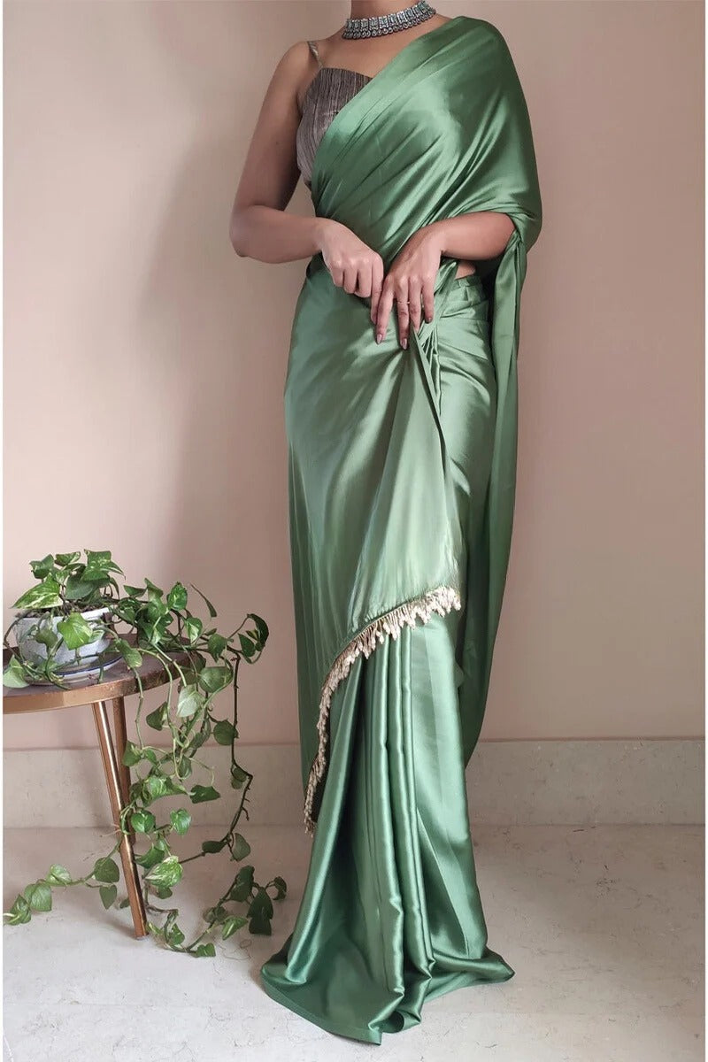 Luxuriant Moss Green 1 Minute Ready To Wear Satin Silk Saree With Handmade Tassels