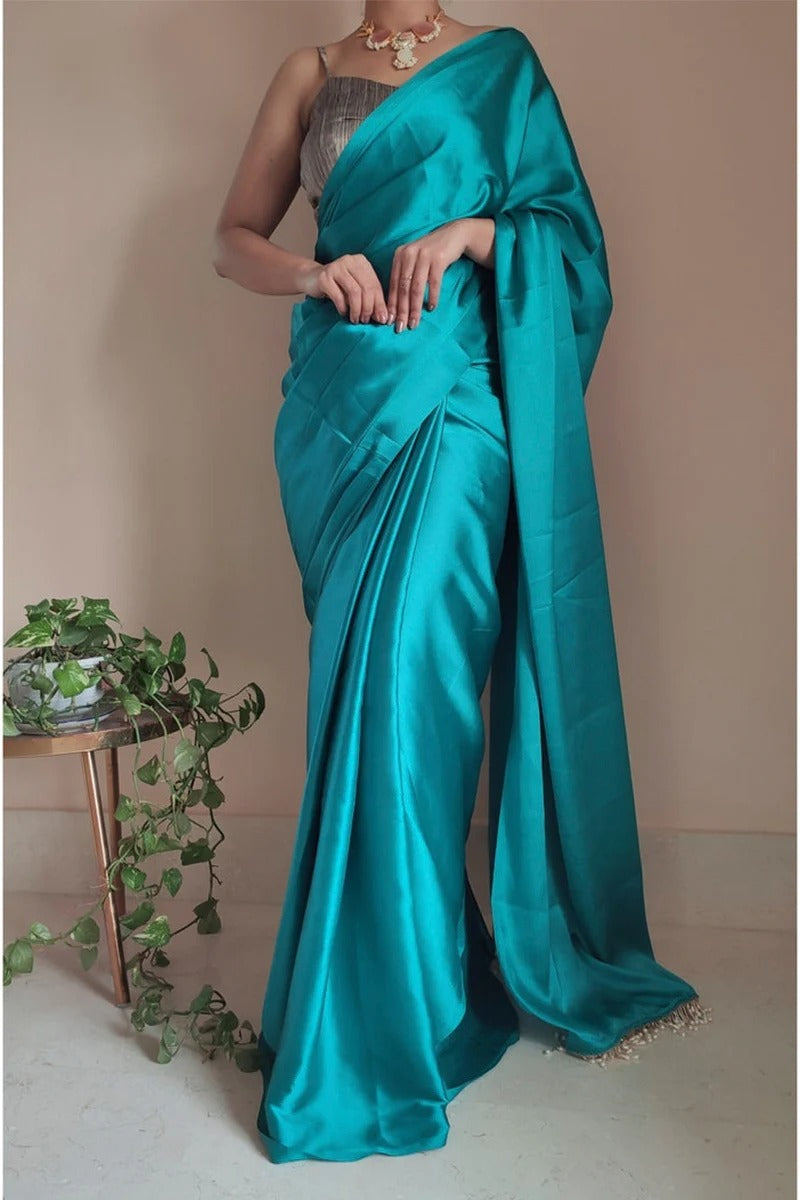 Comely Sea Green 1 Minute Ready To Wear Satin Silk Saree With Handmade Tassels