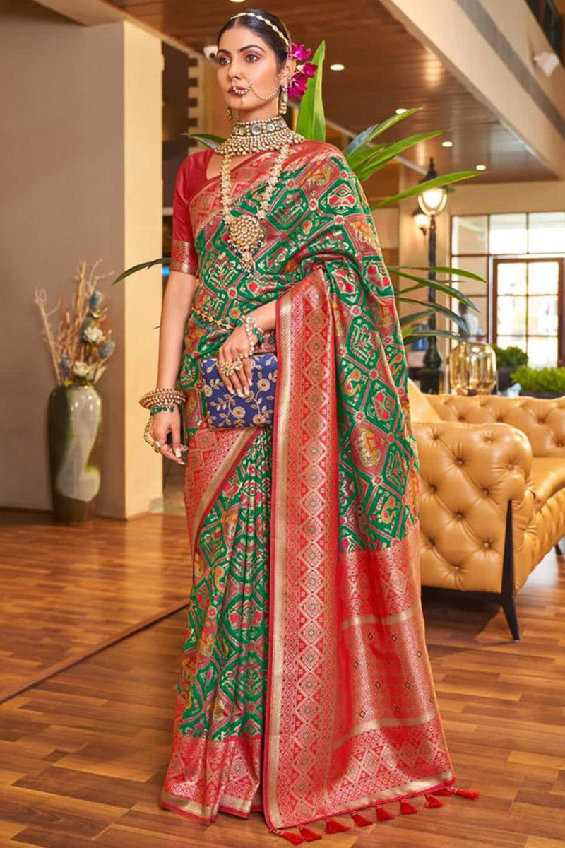 Outstanding Green Soft Banarasi Silk Saree With Blouse Piece