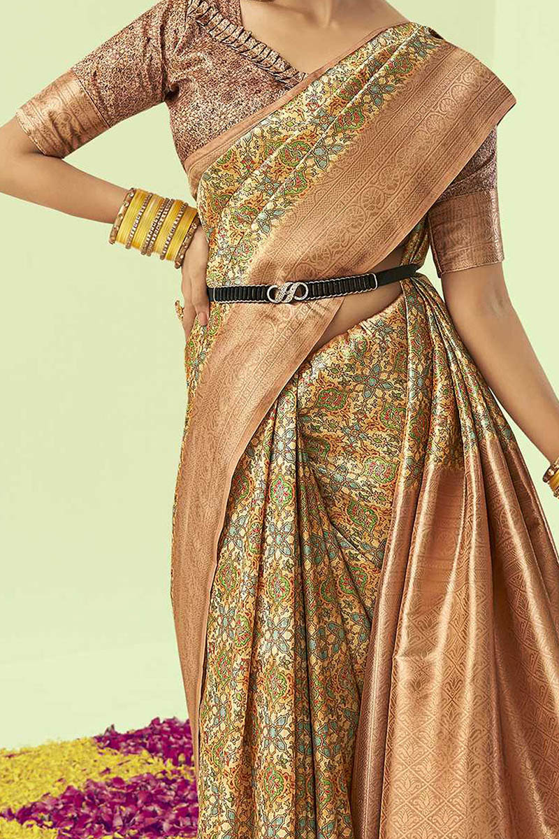 Elaborate Beige Soft Silk Saree With Flamboyant Blouse Piece
