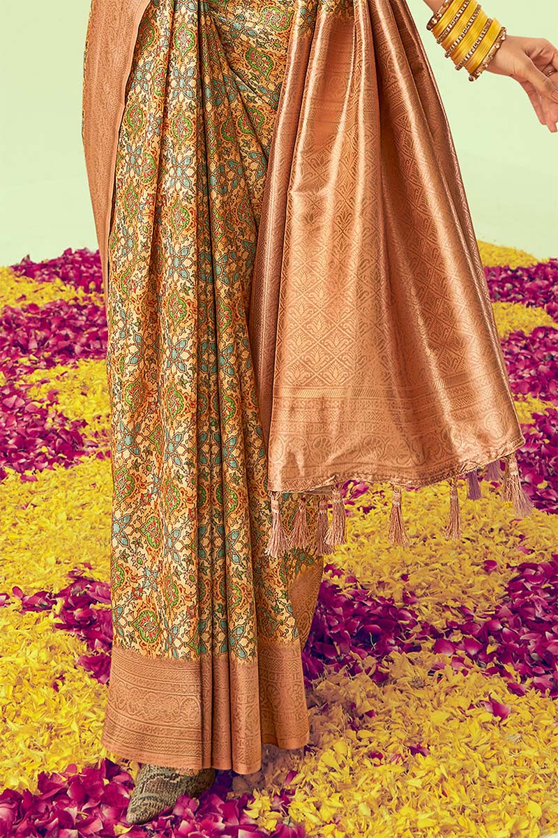 Elaborate Beige Soft Silk Saree With Flamboyant Blouse Piece