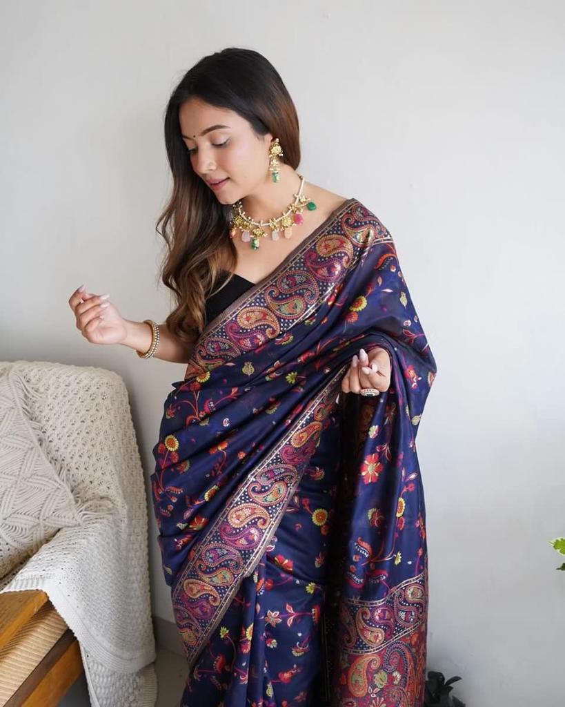 Delectable Navy Blue Pashmina Saree With Effervescent Blouse Piece