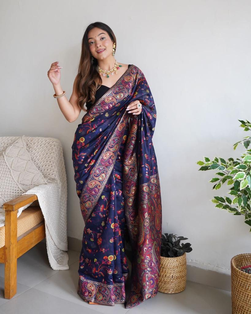 Delectable Navy Blue Pashmina Saree With Effervescent Blouse Piece