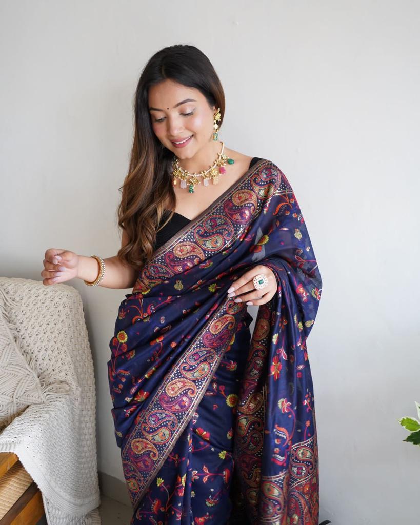 Delectable Navy Blue Pashmina Saree With Effervescent Blouse Piece