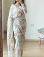 1 Minute Ready To Wear White Color Floral Digital Printed Georgette Saree with Unstitched Blouse