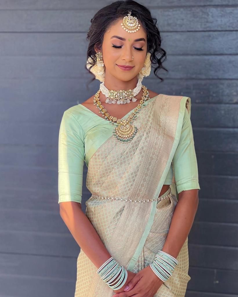 Deserving Pista Soft Silk Saree With Exuberant Blouse Piece