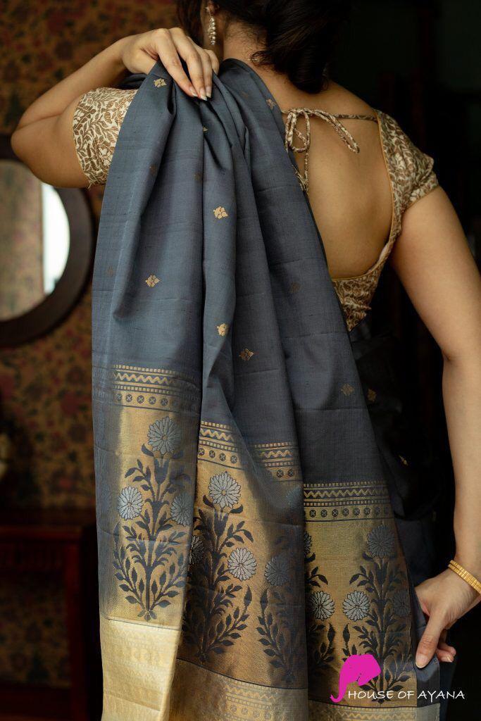 Moiety Grey Soft Silk Saree With Blooming Blouse Piece