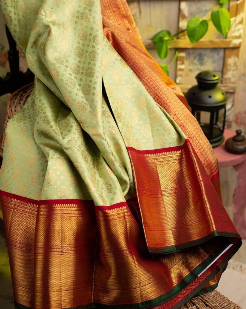 Dazzling Pista Soft Banarasi Silk Saree With Transcendent Blouse Piece