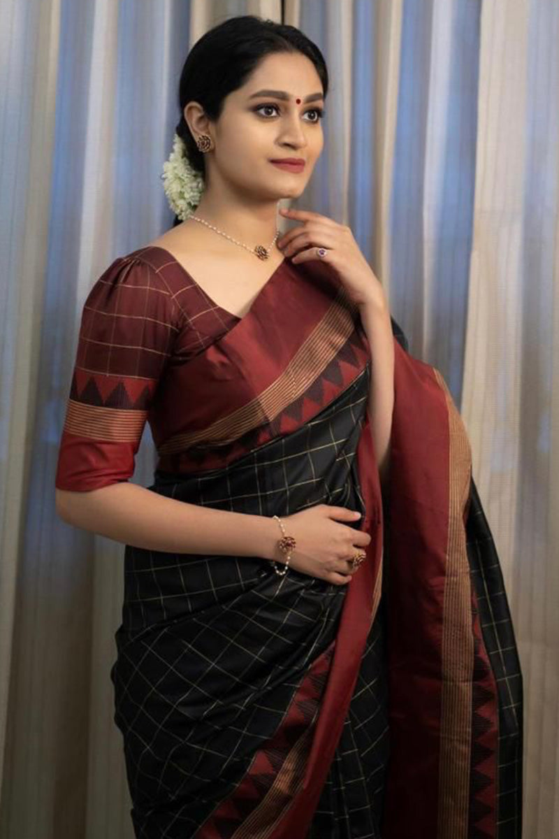 Surreptitious Black Soft Silk Saree With Evocative Blouse Piece