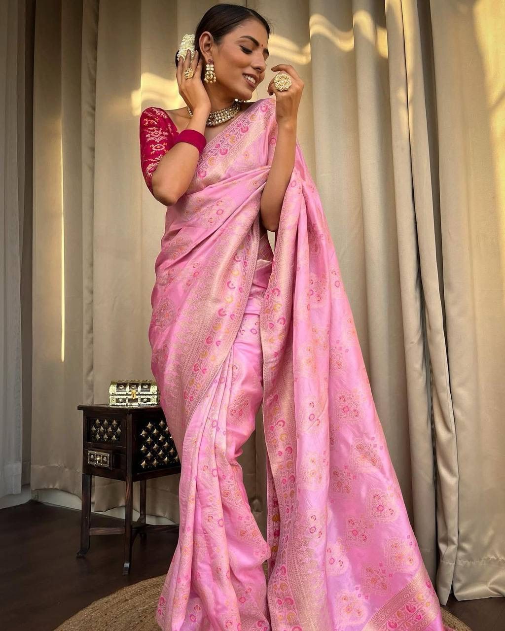 Admirable Baby Pink Soft Silk Saree With Effervescent Blouse Piece