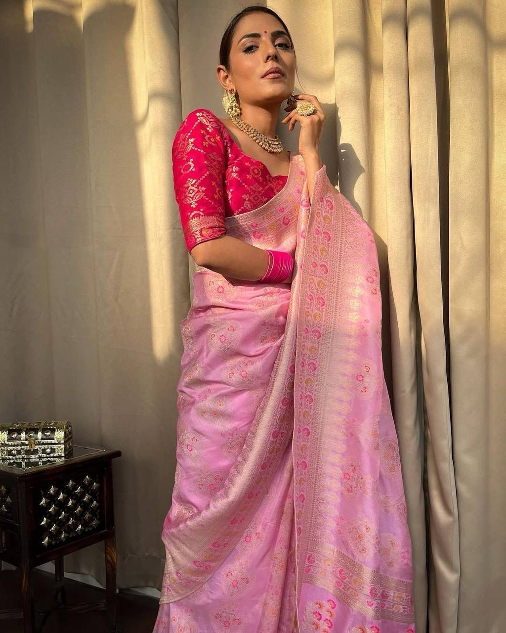 Admirable Baby Pink Soft Silk Saree With Effervescent Blouse Piece