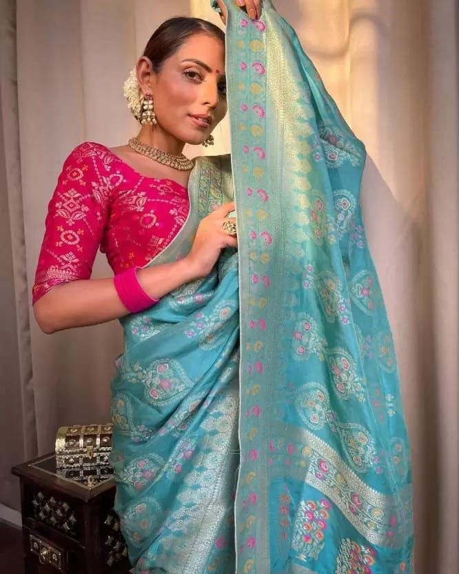 Felicitous Firozi Soft Silk Saree With Lovely Blouse Piece