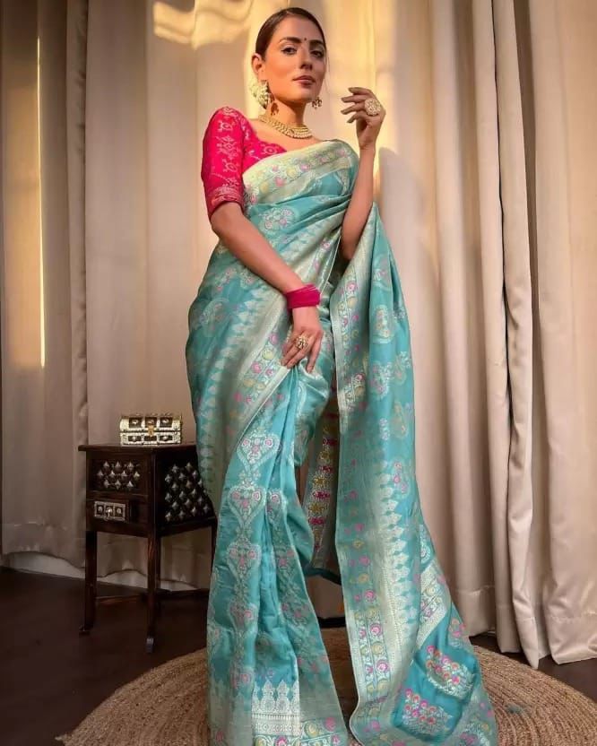 Felicitous Firozi Soft Silk Saree With Lovely Blouse Piece