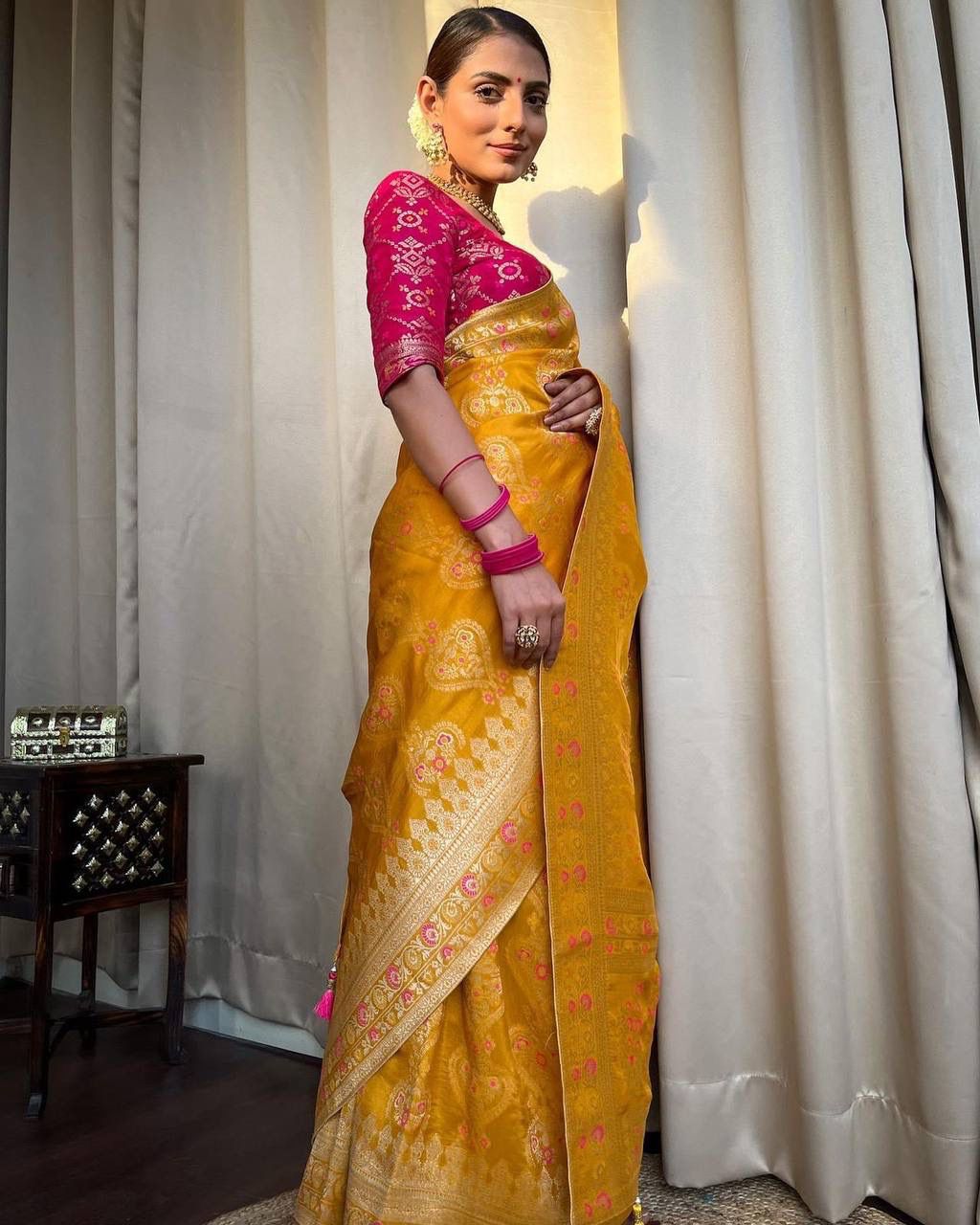 Marvellous Yellow Soft Silk Saree With Tremendous Blouse Piece