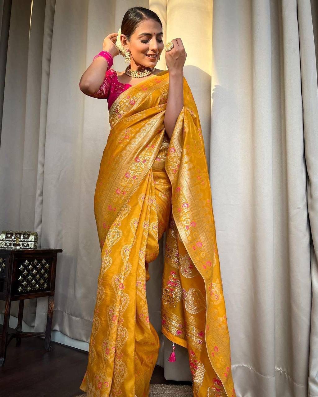 Marvellous Yellow Soft Silk Saree With Tremendous Blouse Piece